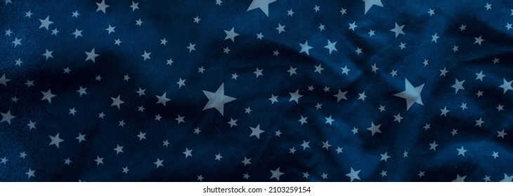 Dark Blue Textile Background With White Stars. Banner.