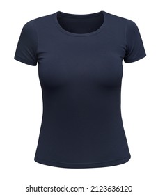 Dark Blue T-shirt Mockup Women Isolated On White. Female Tee Shirt Blank As Design Template. Front View