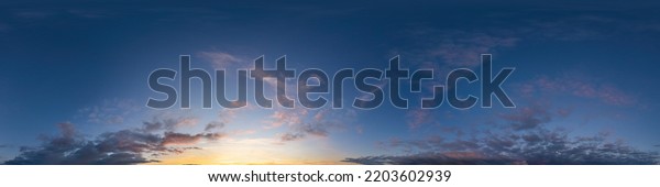 Dark blue twilight sky panorama with Cumulus
clouds. Seamless hdr 360 panorama in spherical equiangular format.
Full zenith or sky dome for 3D visualization, sky replacement for
aerial drone panoramas