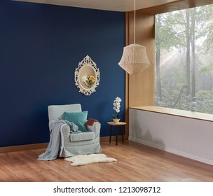 Dark blue wall and room corner style with view decoration. Wooden detail and brown parquet style with lamp.