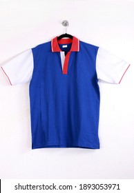 Dark Blue And White And Red Short Sleeve Collar Shirt On White Background Suitable For Office Workers Made Of Cotton