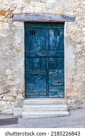 Dark Blue Wooden Exterior Door In A Small European Village