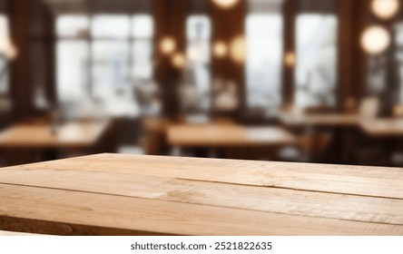dark blurred background with empty table, cafe restaurant windows. background for your product