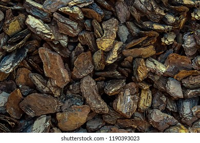 Dark Brown Bark Oak Eco Background Close-up Pieces Of Wood Decor Mulch Natural Panel