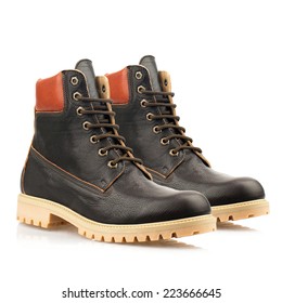 Dark brown boots with shoelace on white background. 