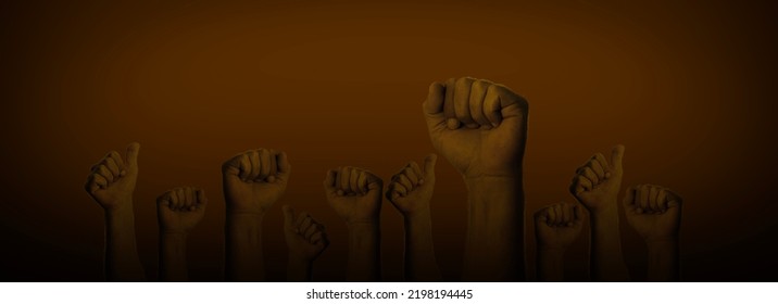 Dark Brown ColorCropped Shot Of Many Hands Raised Together With Closed Fists, Thumb Up, On Brown Background. Multiple Hands Community Raised Up Together To Show Agreement And Support Same Team.