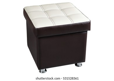 Dark Brown Faux Leather Ottoman Seat Storage With White Top, Isolated On White Background, Include Clipping Path.