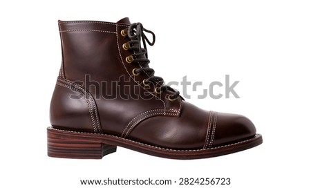 Dark brown leather lace up cap toe boot with brass eyelets and stitched detail