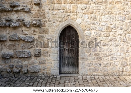 dark brown medieval castle wooden door, stone wall panorama