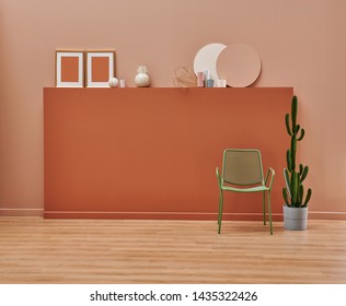 Dark Brown And Pink Wall Background Room And Frame, Metal Chair Green Style And Vase Of Cactus. Dinning Room Wooden Table.