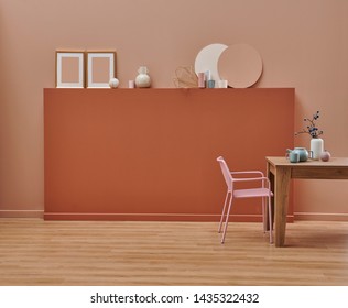 Dark Brown And Pink Wall Background Room And Frame, Metal Chair Green Style And Vase Of Cactus. Dinning Room Wooden Table.