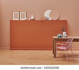 Dark Brown And Pink Wall Background Room And Frame, Metal Chair Green Style And Vase Of Cactus. Dinning Room Wooden Table.