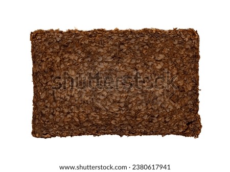 Dark brown slice of typical Dutch Roggebrood. Top view isolated on a white background.