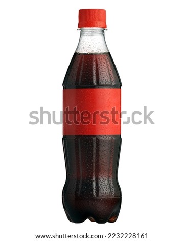 Dark Brown Soda Water Bottle with Drops. Packaged Black Beverage. Screw Cap Plastic Bottle Isolated on white background