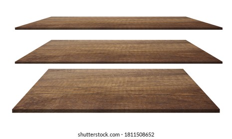 Dark Brown Wooden Shelf Isolated On White Background.