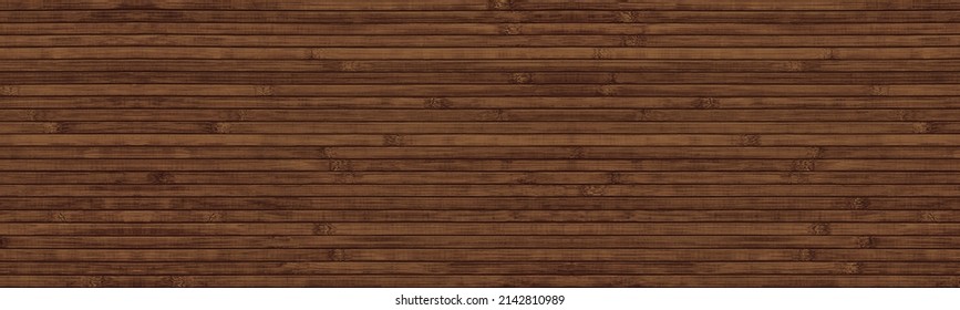Dark brown wooden surface wide panoramic texture. Natural bamboo wallpaper. Wood slat wall large background