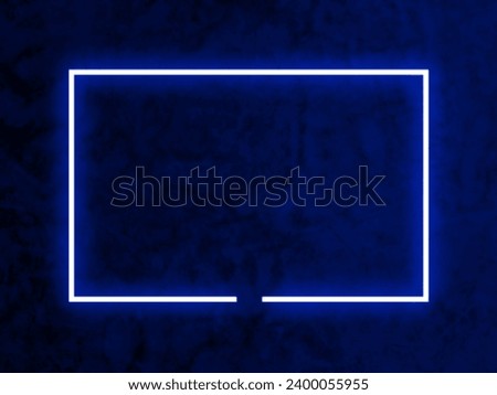 Dark cement wall background, blue neon light and rectangle shape with horizontal banner.