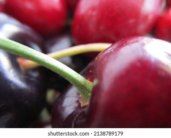 Dark Cherry Stem. Focused Mainly On The Icing Of The Fruit, Leaving As A Second Option The Skin Called The Epicarp And The Other Cherries Out Of Focus In The Background.