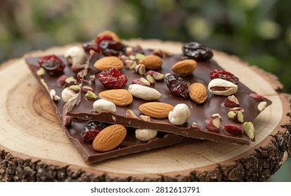 Dark chocolate bark, adorned with almonds, pistachios, hazelnuts, dried cranberries, and cherries, is arranged on a rustic wooden log slice with a blurred green background, bathed in soft light.