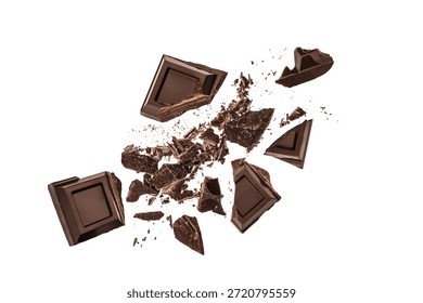 Dark chocolate chunks breaking and exploding into small fragments, isolated on white background, dynamic dessert concept with copy space for modern advertising and packaging design
