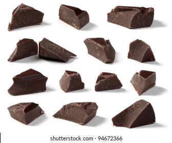 Dark Chocolate Chunks Collection Isolated On A White Background.