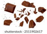  Levitating dark chocolate chunks isolated on white background. Broken chocolate bar pieces and cocoa crumbs explotion. Chocolate flakes and  chips Top view. Flat lay.
