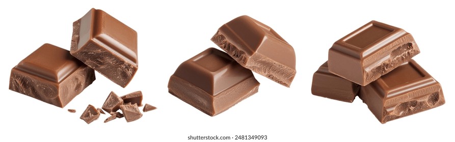 Dark chocolate chunks isolated on white background. Collection.