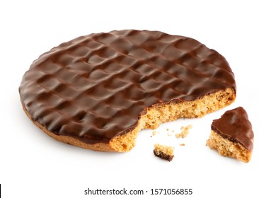 Dark Chocolate Coated Digestive Biscuit Isolated On White. Partially Eaten With Crumbs.