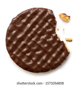 Dark Chocolate Coated Digestive Biscuit Isolated On White. Partially Eaten With Crumbs. Top View.