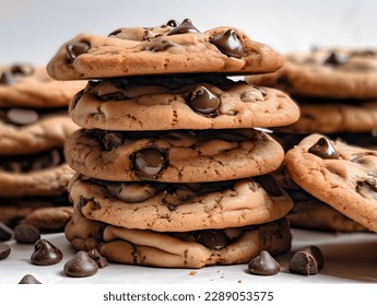 Dark chocolate cookies home made stacked with chocolate chips on a white background - Powered by Shutterstock