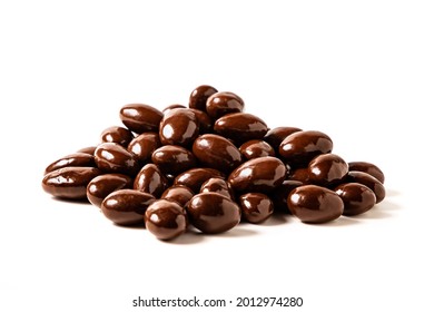 Dark Chocolate Covered Almonds On White Background, Isolated.