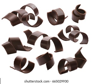 Dark chocolate curls set 2 isolated on white background. Cocoa shavings with clipping path