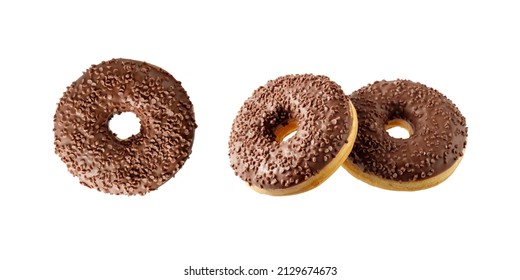 Dark Chocolate Glazed Donut With  Crumbs And Creme Filled Flying. Three Sweet Doughnuts Closeup Isolated On White Background.