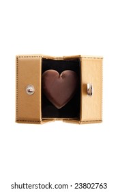 Dark Chocolate Heart In A Golden Box - Top View