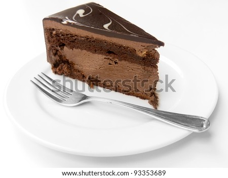 Dark chocolate layer cake on white plate