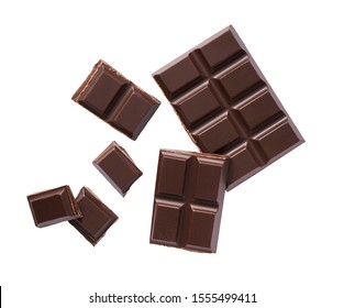 Dark Chocolate Pieces Isolated On White Background, Flat Lay