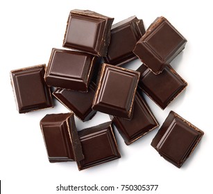 Dark Chocolate Pieces Isolated On White Background From Top View