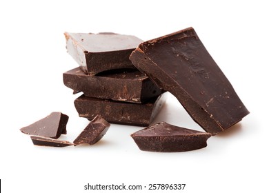 Dark Chocolate Pieces On White Background