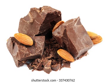 Dark Chocolate Pieces, Shavings And Almonds Isolated On White