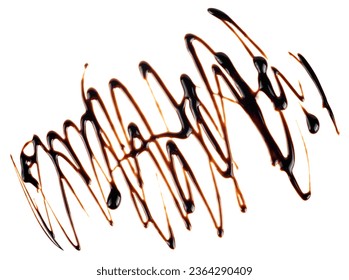 Dark chocolate syrup drizzle isolated on a white background, top view. Splashes of chocolate sauce.