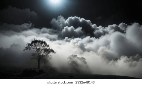 Dark cloud background with tree ornaments adds a mystical impression