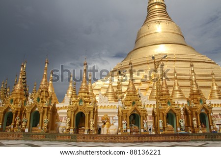 Dark cloud on the sky and Shwe Dagon pagoda in Yangon, Myanmar