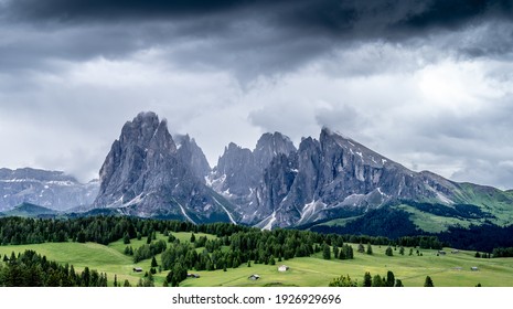 Dark clouds over the famous mountain Langkofel, Seiser Alm, Tirol, Dolomite.