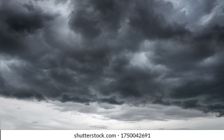 Dark Clouds Sky In Black. Hard Rain Is Soon. Pattern Of Clouds Not Predict Tornado, Hurricane Or Thunderstorm. Sometimes Heavy Black Clouds Is No Rain But Have Wind Storm And Thunder. Hurricane Rainy.