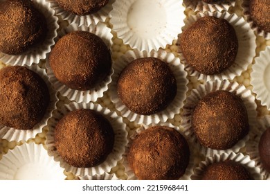 Dark Cocoa Tiramisu Truffles Filled With Nutella Chocolate Cream, No Bake, Top View Dessert Close Up