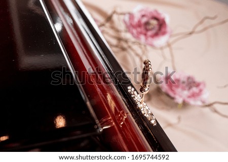 
Dark coffin with red shimmer on light and with pink flowers on background