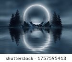 Dark cold futuristic forest. Dramatic scene with trees, big moon, moonlight. Smoke, shadow, smog, snow. Night forest landscape reflection in the river, sea, ocean. 3D illustration