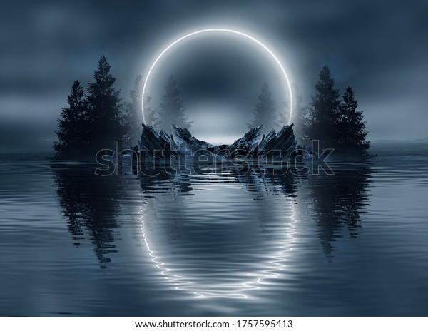 Dark\
cold futuristic forest. Dramatic scene with trees, big moon,\
moonlight. Smoke, shadow, smog, snow. Night forest landscape\
reflection in the river, sea, ocean. 3D\
illustration