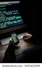 Dark, computer and hacker phone with coding for password info, malware or internet crime. Screen, person and mobile with hacking website for government espionage, surveillance and erp system virus