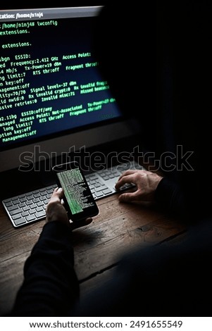 Dark, computer and hacker phone with coding for password info, malware or internet crime. Screen, person and mobile with hacking website for government espionage, surveillance and erp system virus